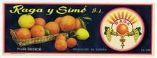 Etiqueta de caja naranja española Raga y Simo, Picana, Valencia, España