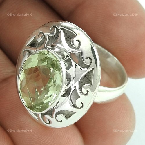 Natural Green Amethyst 925 Silver Anniversary Gift Cocktail Ring Size P