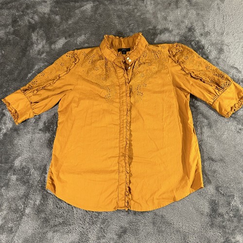 J Crew Bluse Damen klein gelb bestickt Boho Stehkragen AC360