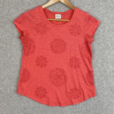 Cupio Top Womens Small Coral Heather Embroidered Knit Stretch Pullover Tee
