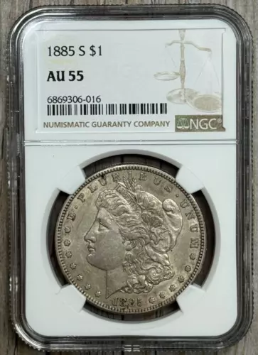 1885 S Morgan Silver Dollar NGC AU 55, Semi-Key Date Coin