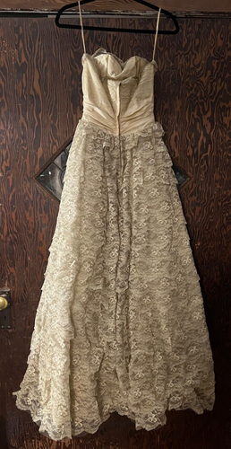 Vintage Taffy's Of CA Beige Tiered Lace Cupcake Wedding Dress Gown Strapless Zip - Picture 2 of 8