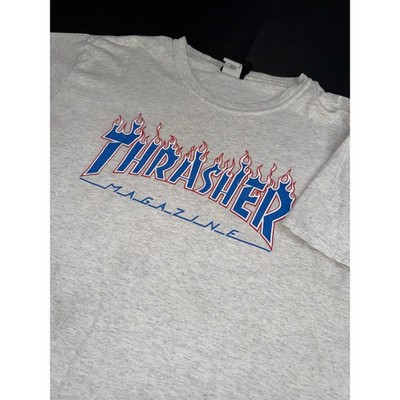Thrasher Magazine Flame Logo T-Shirt Mens Large Gray Blue Red Skateboard Tee