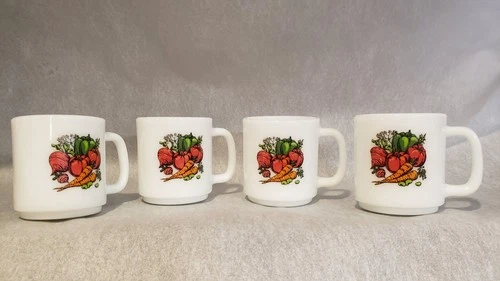 Vintage Glasbake Coffee Mugs Vegetables Set of 4 1960s-1970s