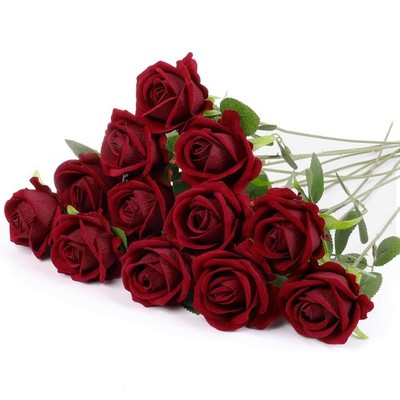 12 Pcs Dark Red Silk Rose Flowers with Long Stems for Elegant Decor