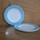 Pair Vintage PYREX 6.75” Turquoise Band Dessert Plates, Set of 2, 1950s PYREX