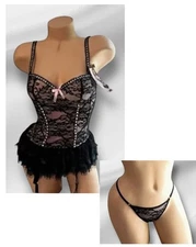 2PC Seven ‘til Midnight Sheer Satin Lace Bustier Nightie Garter & Panties S NWT
