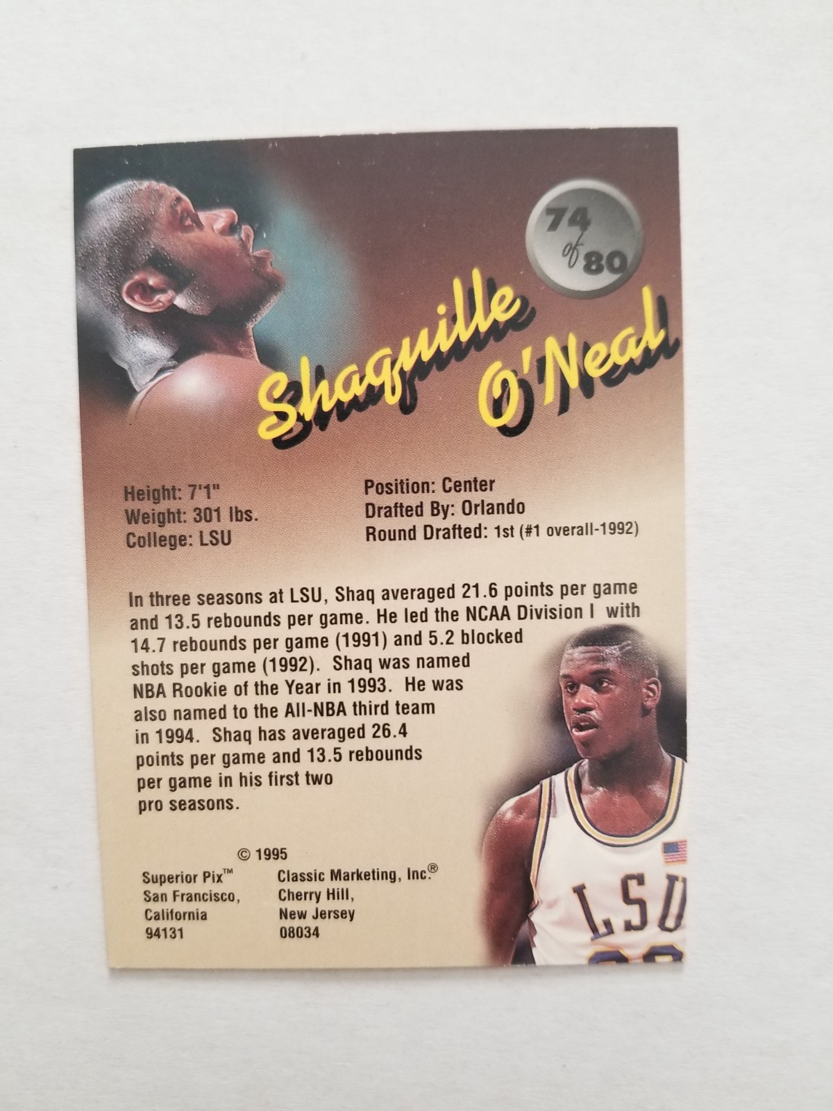 1995 Classic Superior Pix #74 Shaquille O'Neal