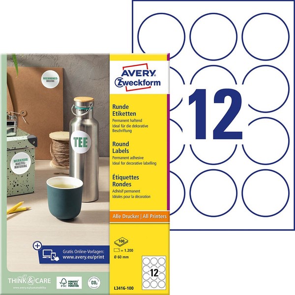 Avery Zweckform Etiketten L3416-100 Weiß 60,0 X 60,0 Mm, 100 Blatt-image
