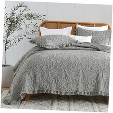 Ruffled Quilt Queen Size, Stone-Washed Full/Queen 90"x 96" Dark Grey