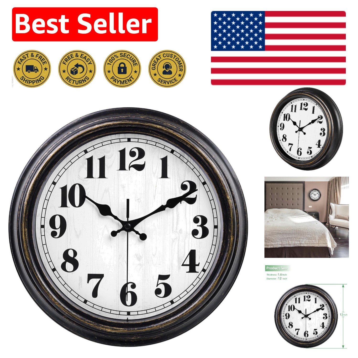 12-Inch Retro Wall Clock &ndash; Non-Ticking, Perfect for Bedroo