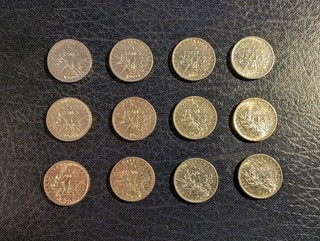 Lot 12 pièces 5 francs argent semeuse