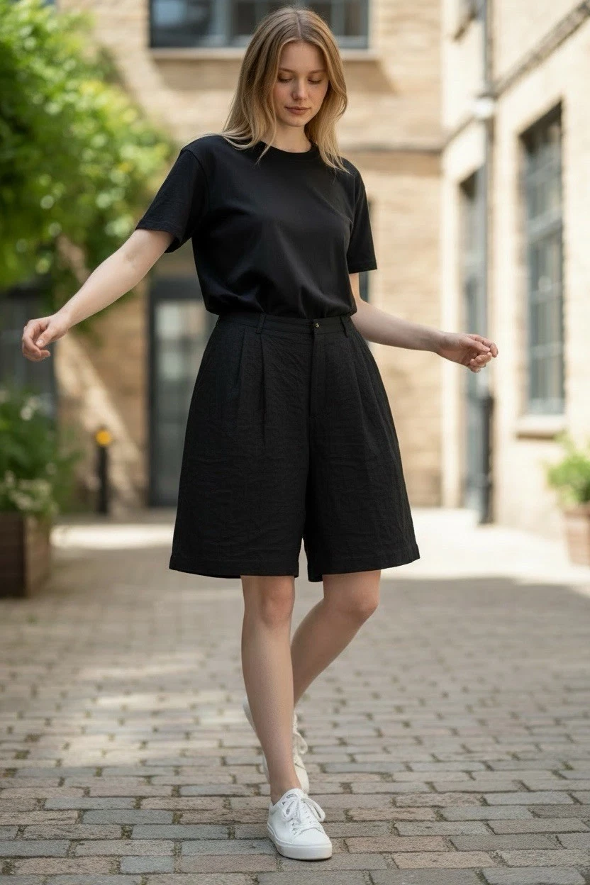 VTG BREECHES 100% Linen Culotte Shorts Women Black High Waist Pleated