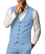 Men Slim Fit Linen 2 Piece Groomsmen Suit Light Blue