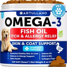Omega 3 Fish Oil for Dogs - Dog Allergy Chews - Itch Relief & Skin and Coat Supp