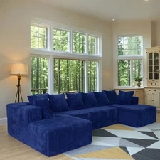 SOULART 130 U L-Shaped Cloud Couch, Boneless couch 5-Seater Corduroy Sofa, Blue