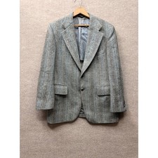 Vintage PBM Harris Tweed Grey Herringbone Wool Blazer Elbow Patches 44R