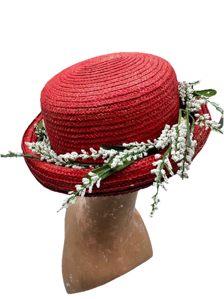 Vintage Handmade Straw Hat Twill Lace Floral Accents Red Church Party Easter - Image 2 of 4