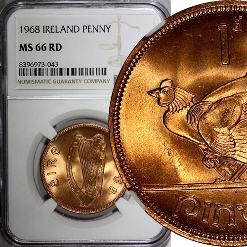 Ireland Republic Bronze 1968 Penny NGC MS66 RD NICE RED Hen with chicks KM11 (3)