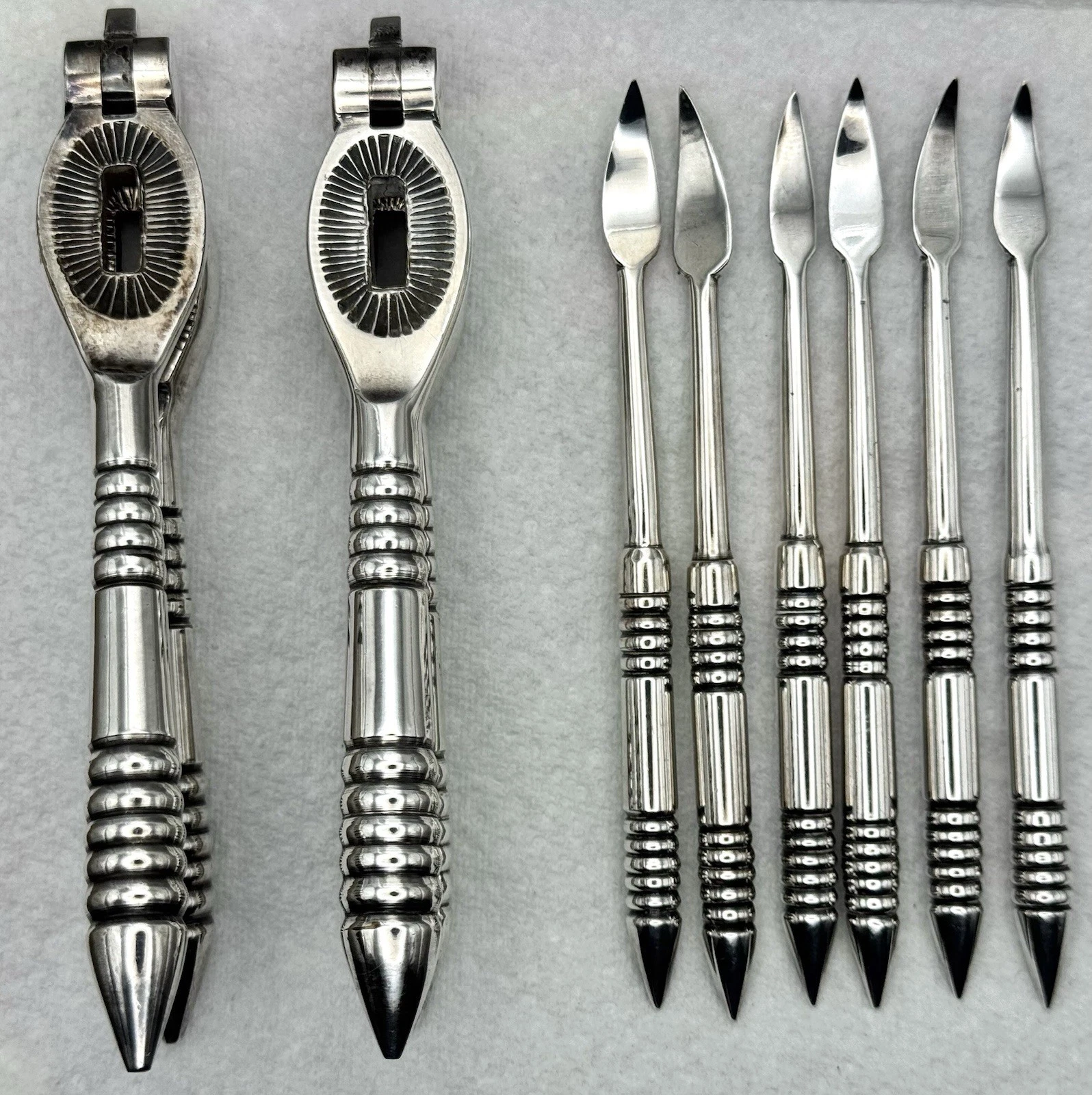 2 x Pre-1950 Silver Plated Nutcrackers and 6 Matching Nut Picks in VGC