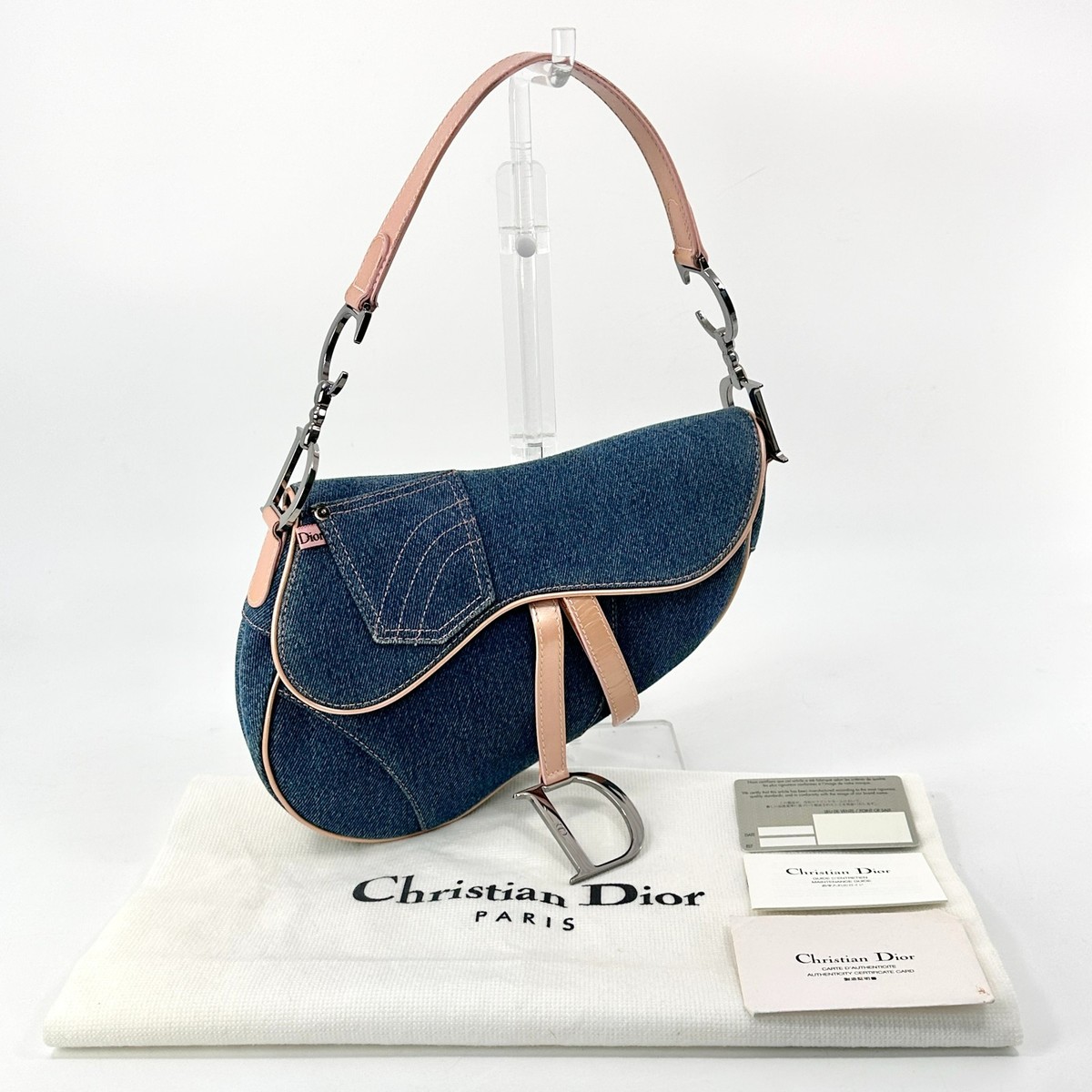 Christian Dior Saddle Bag Denim Blue Pink Leather Shoulder