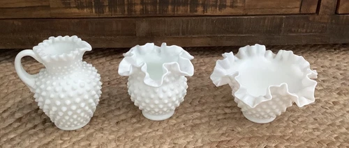 3 PIECE VINTAGE FENTON RUFFLED HOBNAIL MILK GLASS VASE PITCHER AND CANDY DISH