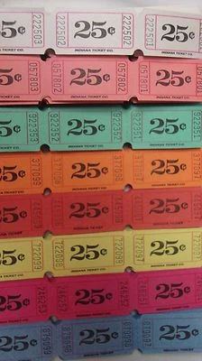 INDIANA TICKET Single 25 Cents Event Party Carnival Flat Raffle Tickets Assorted Colors