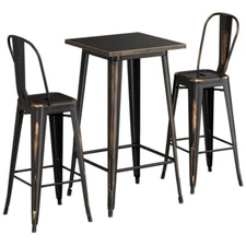 24" Square Distressed Copper Metal Restaurant Bar Table Set with 2 Cafe Barstool