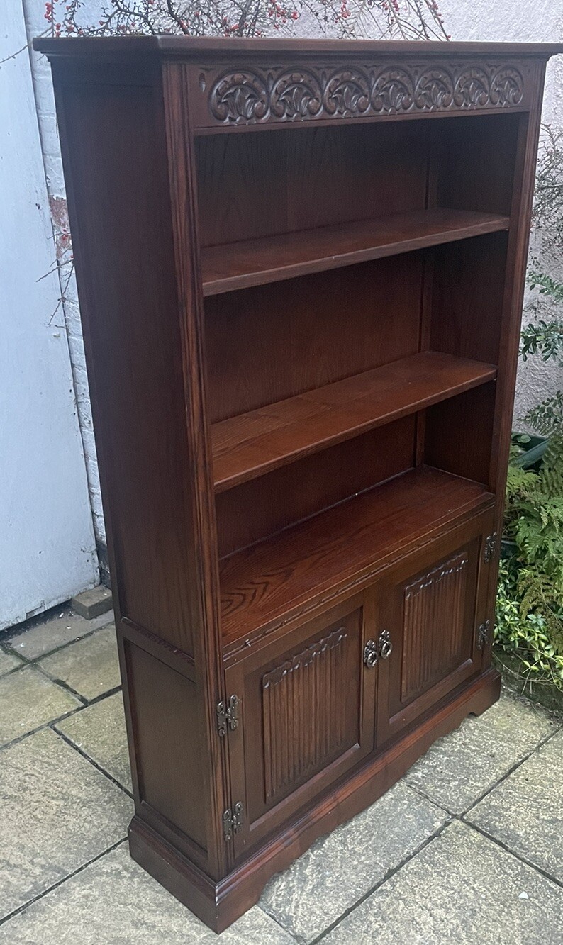 SOLID OAK OLD CHARM BOOKCASE COLOUR CODE TUDOR BROWN MINT CONDITION WE