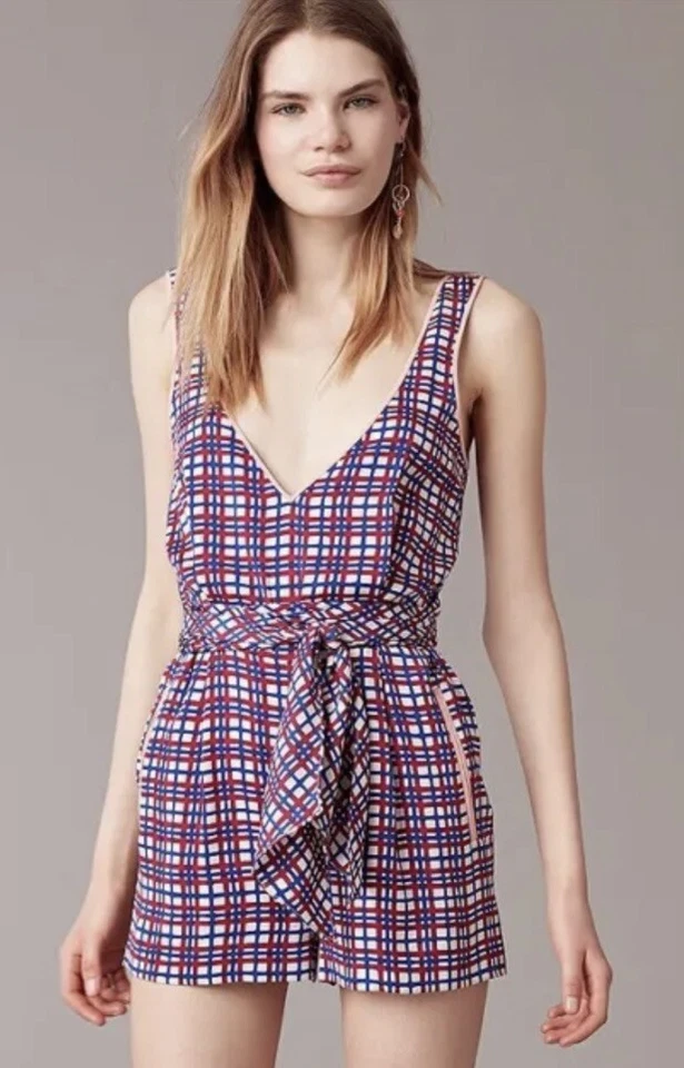 DVF Diane Von Furstenberg Abel Check Cerise Romper Sz Silk Red White Blue AB8 - Image 2 of 4