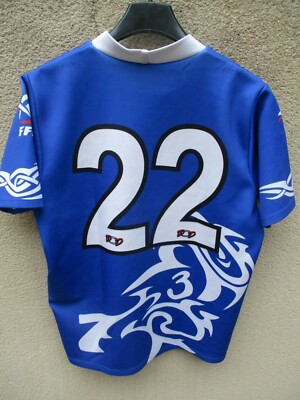 Maillot rugby porté n°22 PRC PLAISIR moulant shirt bleu jaune XL made in France