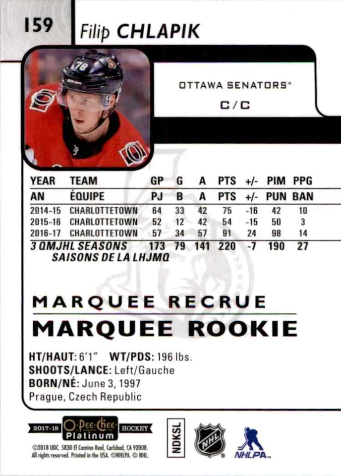 2017-18 O-Pee-Chee Platinum Marquee Rookie Filip Chlapik RC #159 - Image 2 of 2