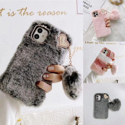 For iPhone 7 8 X 11 12 SE 2 Warm Heart Soft Girls Plush Fluffy Phone Case Cover