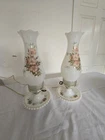 2 VTG Hand Painted Milk Glass Electric Hurricane Lamps Yellow & Pink Flowers