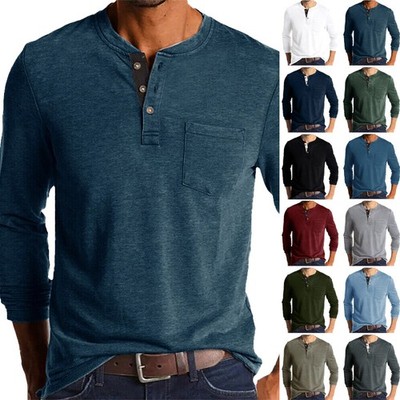 Herren Langarm T-shirt Slim Fit Henley Shirt mit Knöpfen Oberteil Freizeit Hemd
