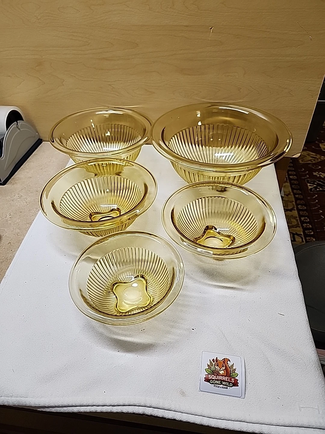 5 Depression BOWLS NESTING Federal Glass Yellow Rib Mix Serve Amber, Vintage