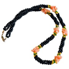 Collana Torsa Vintage Corallo Onice Giada Autentiche Perline Intrecciate Naturali Retrò Anni 70 22"