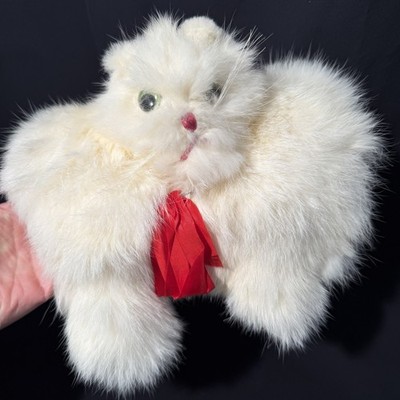 Antique CHILD S FUR MUFF Hand Warmer Rabbit White Ivory CAT FACE Vintage 1950s