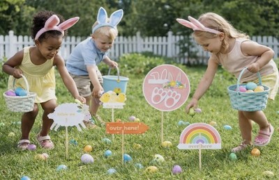 Penbrook Easter Egg Hunt Sign Kit 13 Signs 13 Stakes 2 Wearables 8-Bunny Prints