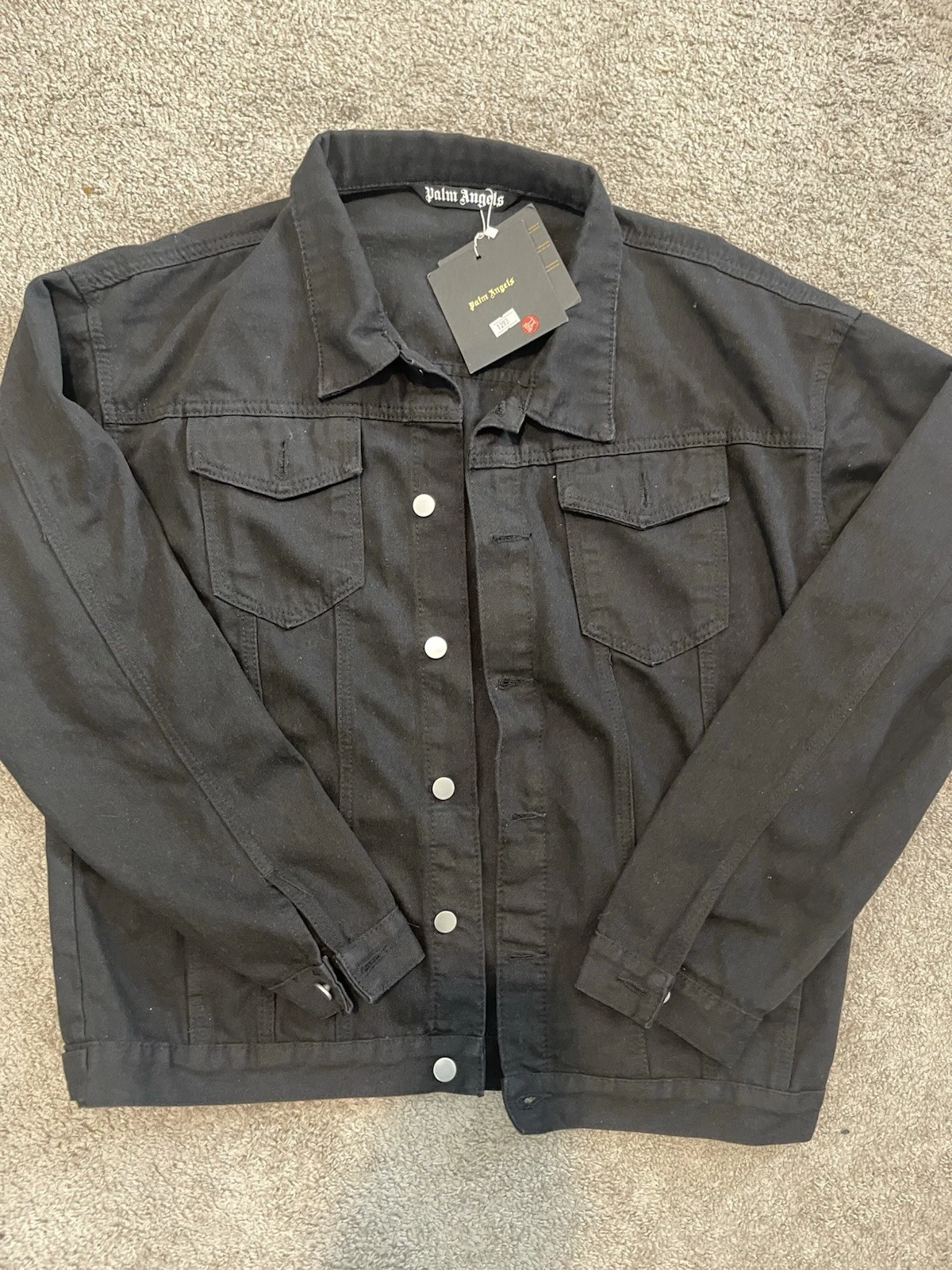 Palm Angels Men Black Vintage Logo Back Button Front Denim Jacket size X-LARGE  image 2