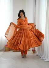 Royal Mal Chanderi Orange Ruffle Gown Suit Set With Mirror Embellished Dupatta