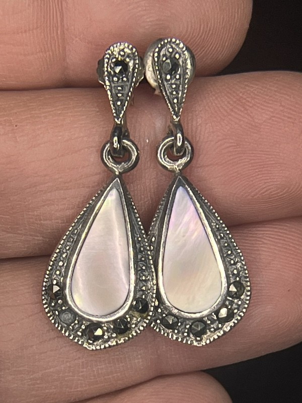 Vintage 925 Sterling Silver Pink Mother Of Pearl & Marcasite Dangle Earrings