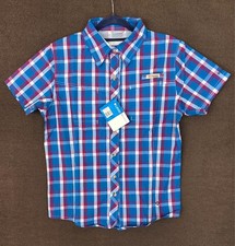 Columbia PFG Omni Shade Sun Protection Boys Blue Plaid Short Sleeve Shirt Size L