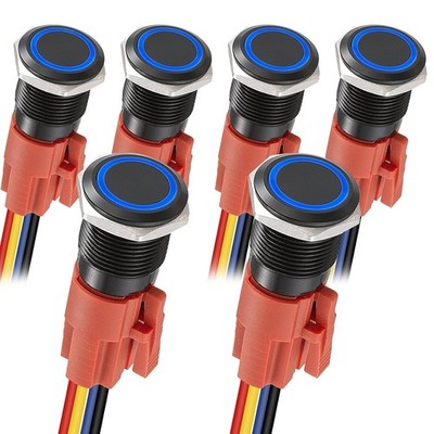 Waterproof 16mm Latching Push Button Switch Set - 6PCS with Quick Connects