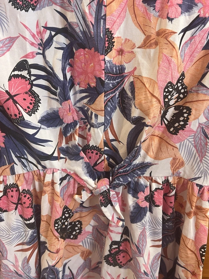 Deux Par Deux Organic Cotton  Short Sleeve Dress Flare Pink & Blue Butterfly 8 - Image 3 of 4
