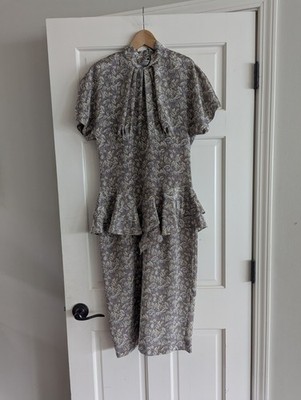 Vintage 80s Women's Peplum Crepe Cocktail Midi Dress Land Girl Pin-up 9-10 USA