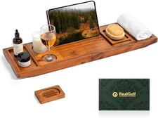Teak Bathtub Tray, Bath Caddy with Wine Glass Holder, Phone Dock Book Stand