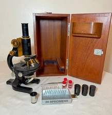 Antique lot brass A Spencer Buffalo lab microscope scientific instrument set