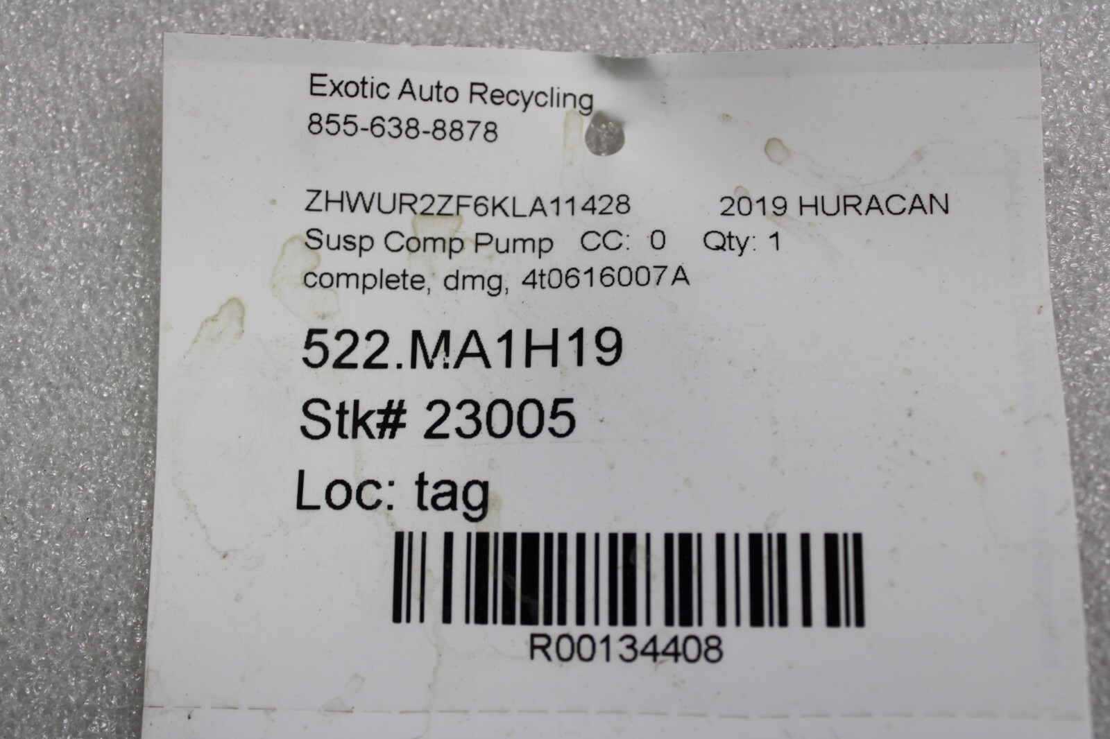 Lamborghini Huracan LP610, Suspension Compression Pump, Used, P/N 4t0616007A