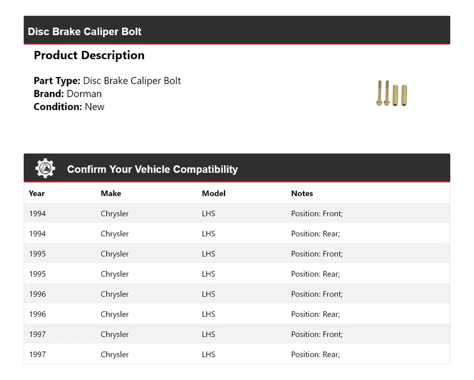 Pinza de freno de disco para Chrysler LHS Dorman 1994-1997 perno 1995 1996 Foto 2 de 4